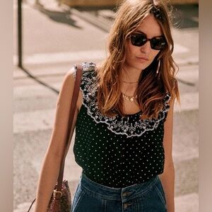 Sezane Rosa Blouse 36 Black Polka Dot Lace Trim Top